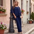 thumbnail image 6 of CIENVNSTG Mother Of The Bride Pant Suits Cold Shoulder Chiffon Ruffle Top And Wide Leg Pants Two Piece Pant Suit Wedding Guest Outfit Blue L, 6 of 6