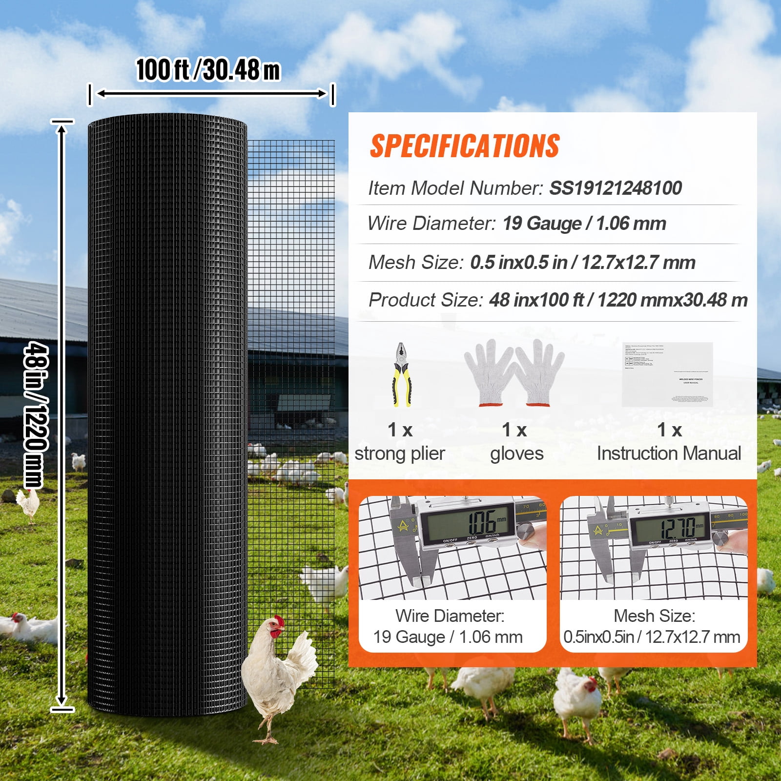KFFKFF Galvanized Hardware Cloth, 48''x100' Roll, 19 Gauge, Vinyl-Coated Metal Mesh for Chicken Coops, Rabbit & Snake Fencing, Poultry Enclosures