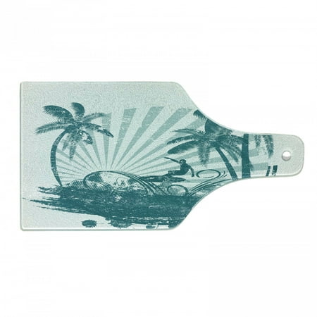 

Ride the Wave Cutting Board Grunge Tropical Scene Man Surfing Surreal Sports Adventure Illustration Decorative Tempered Glass Cutting and Serving Board Wine Bottle Shape Teal White by Ambesonne