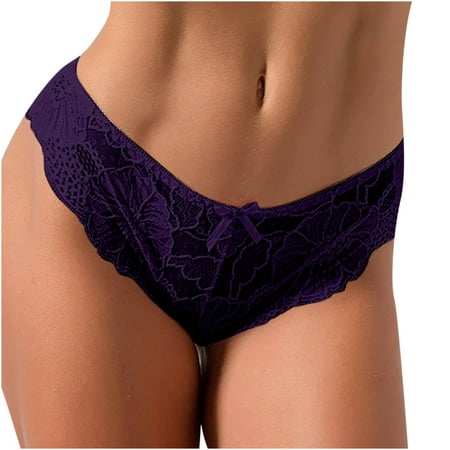 

Guzom Underwear for Women Mesh Low Rise Hipster Cheeky Lace Thongs Bikini Panties- Purple Size L