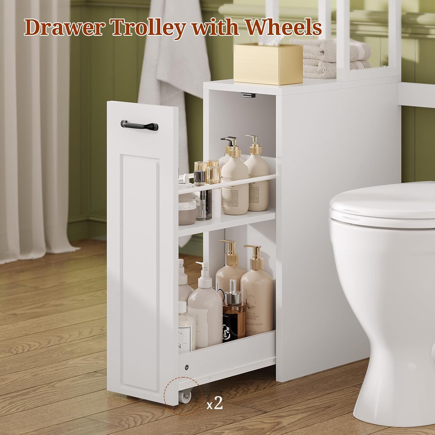 Weiplehoom Over the Toilet Storage Cabinet with Wheeled Drawer Trolley & 3-tier Open Shelves, Bathroom Organizer with 6 Hooks, Storage Rack for Restroom, Bathroom, Laundry, Plant Stand, White
