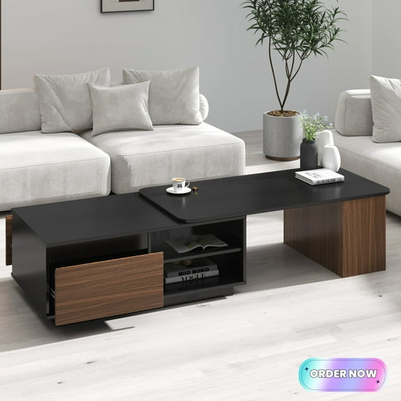 Tcbosik Extendable Coffee Table, Reversible Accent Table with 2 Storage Drawers, Center Table for Living Room, Walnut & Black