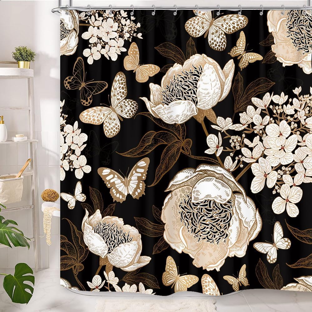 Black and Gold Floral Butterfly Shower Curtain, Boho Dark Flowers Botanical Aesthetic Shower Curtain for Bathroom with Hook, Vintage Moth Farmhouse Unique Chic Shower Curtain Set with Hooks 72X72