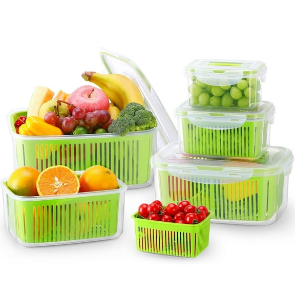 Vegetable Containers for Fridge, Luxear Fruit Vegetable Storage Container, BPA Free with Lid & Colander Fruit Containers 0.7 1.35 2.3 3.8 5.8L Fridge Organizers 5 Pack Green