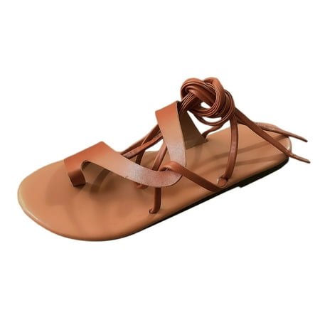 

SZXZYGS Women s Sandals Ladies Casual Solid Colour Strappy Flat Bottom Over Toe Beach Shoes Large Size Sandals