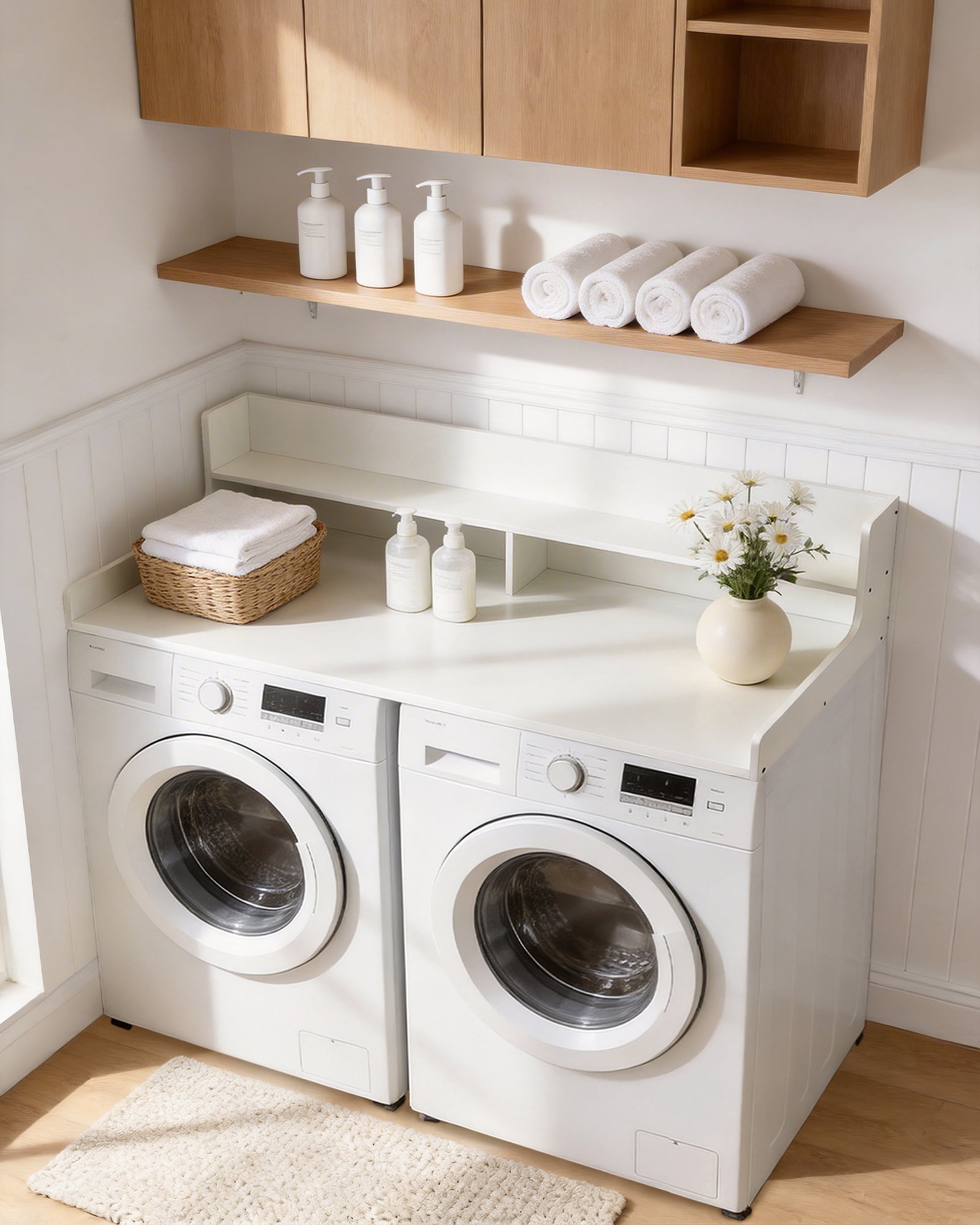 Washer Dryer Countertop, 54"x 27.5" Heavy Duty MDF Laundry Room Wood Shelf Topper, 12" Edge Rails Non Slip Pads Clothes Folding Station for Laundry Room Storage and Organization - White
