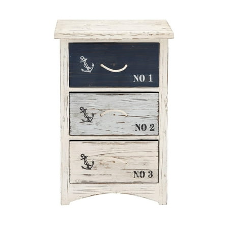 DecMode 19" x 30" Blue Wooden Small Distressed Anchor Chest with 3 Numbered Drawers and Rope Handles, 1-Piece