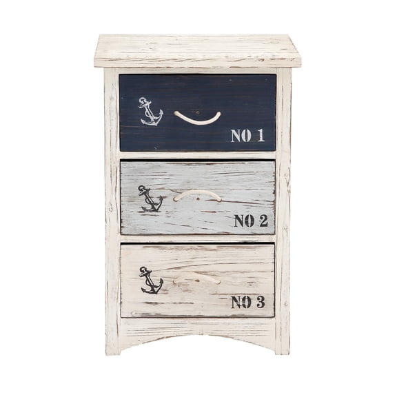 DecMode 19" x 30" Blue Wooden Small Distressed Anchor Chest with 3 Numbered Drawers and Rope Handles, 1-Piece