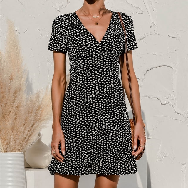 CEHVOM Robe Courte Décontractée pour Femme à Col en V, Manches Courtes, Imprimée, Coupe Ajustée, Style Plage