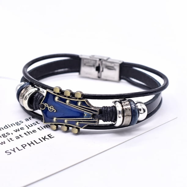 Pulsera de Cuero de Aleación para Guitarra | Pulsera Ajustable de Cuero Italiano de Plena Flor Curtido Vegetal | Diapasón de Acero Inoxidable | Regalo para Amantes de La Música | Accesorio para Rock