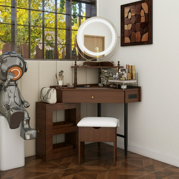 Corner Vanity Desk Set with Storage Cushioned Stool and Charging Station, Triangle Makeup Desk with Removable Pull-Out Side Cabinet, Glass Tabletop Makeup Vanity Desk with Drawer and Shelf, Walnut
