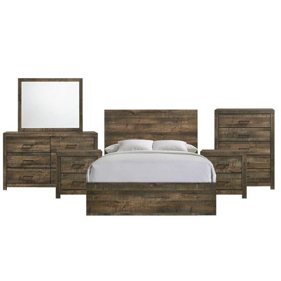 Maklaine Transitional Wood King Panel 6PC Bedroom Set in Walnut