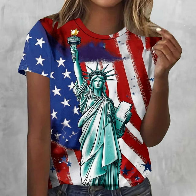 Jinhomg T-Shirts du 4 Juillet pour Femmes USA American Flag T-Shirt du 4 Juillet Mignon Manches 3/4 Col Rond Hauts de Fête Rouge m
