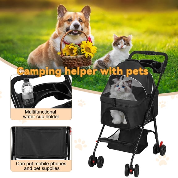 Tereitr Foldable Pet Cart Foldable Pet Stroller for Small Dogs Cats 4-wheel Design with Removable Breathable Mesh Canopy Storage Basket Cup Holder, Holds Up to 17.6 lbs, Black
