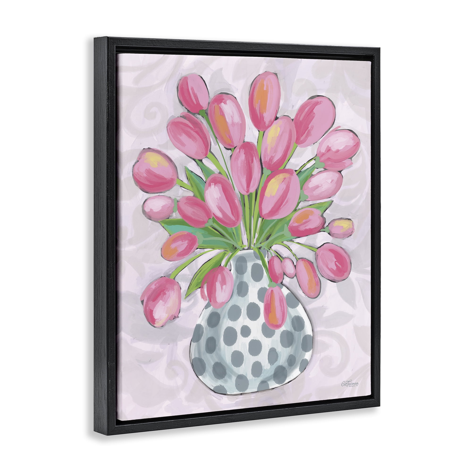Stupell Industries Round Pink Tulips Botanical & Floral Painting Black Floater Framed Art Print Wall Art, 17 x 21