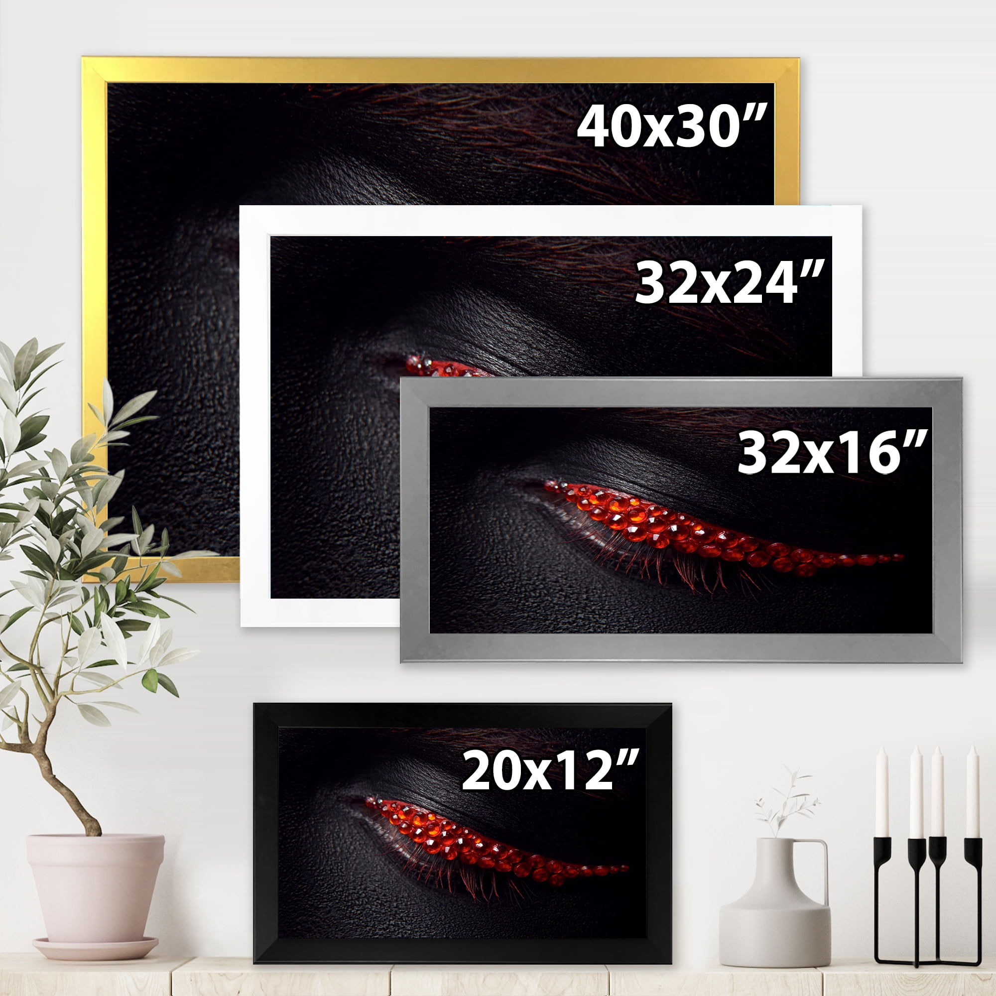 Designart 'Beautiful Black Skin Female Eye With Red Diamonds' Modern Framed Art Print