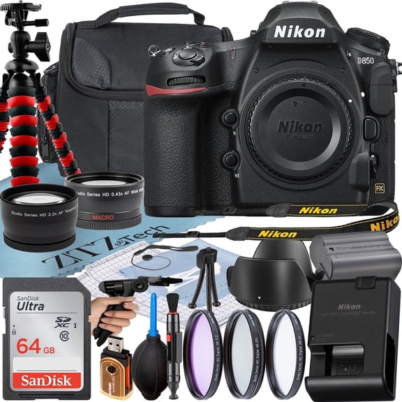 Nikon D850 DSLR Camera (Body Only) with 45.7MP FX-Format BSI CMOS Sensor   SanDisk 64GB Card   Case   3 Pieces Filter   Flash   ZeeTech Accessory Bundle