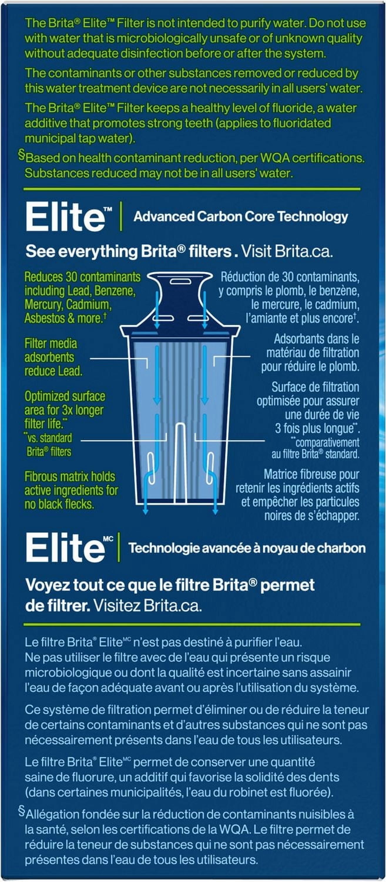 Filtre de rechange Brita Elite, réduit plus de 30 contaminants tout en conservant les minéraux sains, certifié par la WQA pour la réduction du plomb, des microplastiques, du chrome et du chlore, dure 4 filtres par boîte