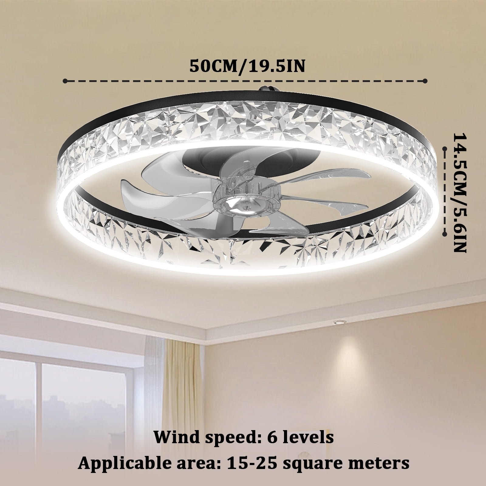 Heystop Ceiling fan with light, 3-color adjustable LED, 6-speed wind speed, remote control or APP control, bi-directional conversion motor, suitable for living room bedroom decoration