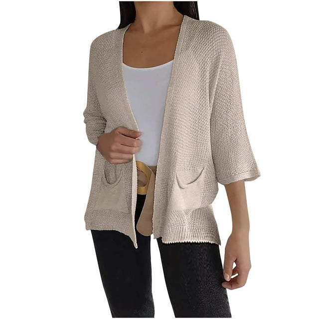 Cardigan Long, Cardigans en Tricot Gaufré pour Femmes à devant Ouvert Manches 3/4 Chandail Léger Cardigan Chandail Manteau d'Extérieur avec Poches Beige 3TG