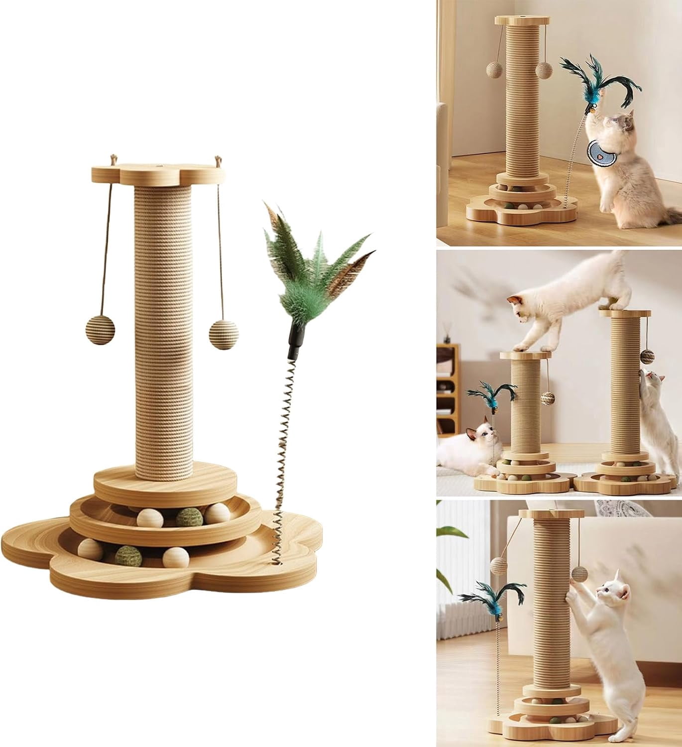 Cat Scratching Post, 4 in 1 Wooden Cat Scratcher Toy, 15.75" Tall Scratch Post with 2 Level Cat Track Balls, Interactive Cat Feather Toy and 2 Sisal Hanging Balls for Indoor Kittens