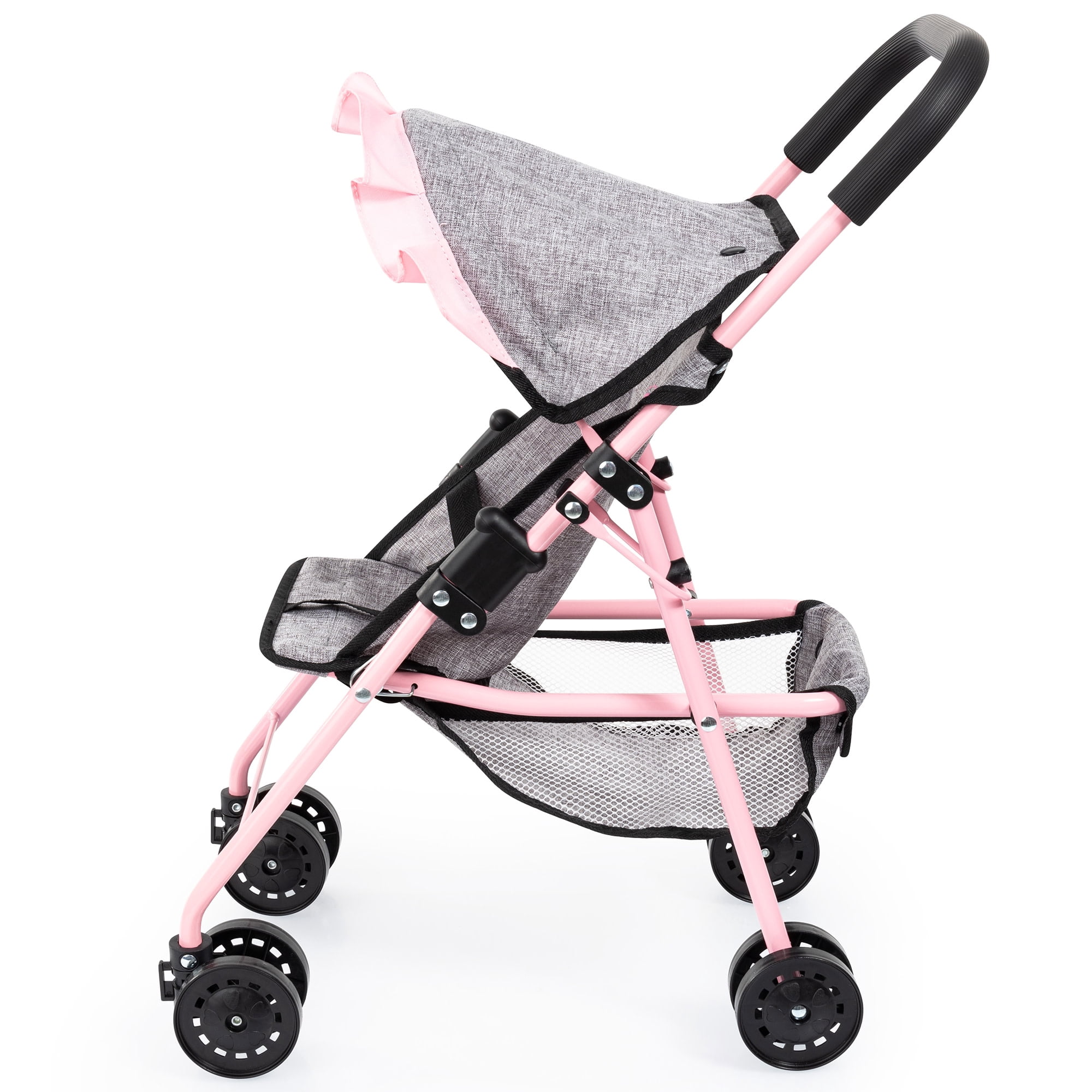 Bayer Design: Doll Buggy - Grey-Soft Pink-Butterfly - Handbag, Folding Play Stroller For Dolls Up To 16", Sunshade, Swivel Wheels, Seat Belt, Kids 3+