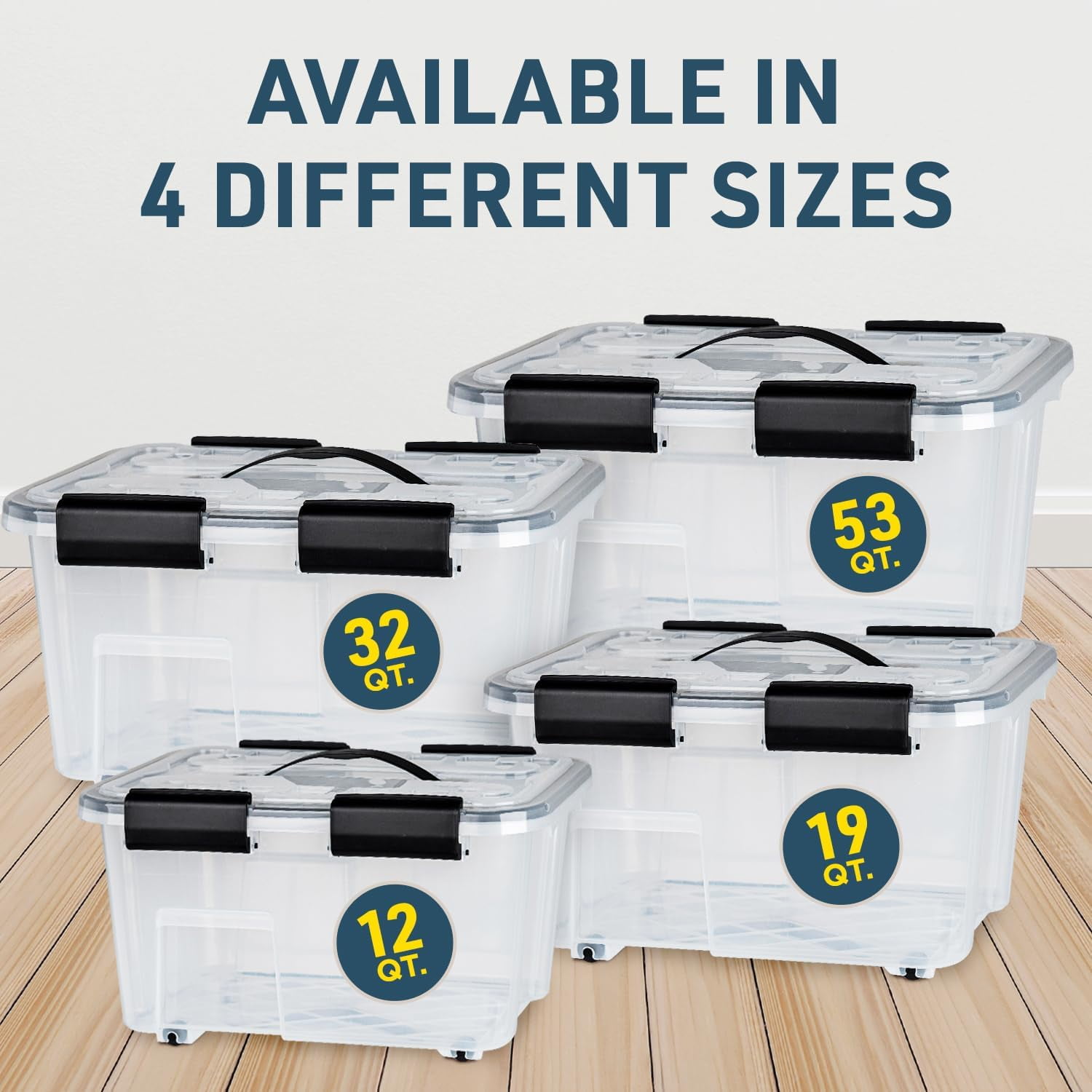 Stackable Storage Boxes - Clear Plastic, Black Seal, Modular Design 12 Quarts