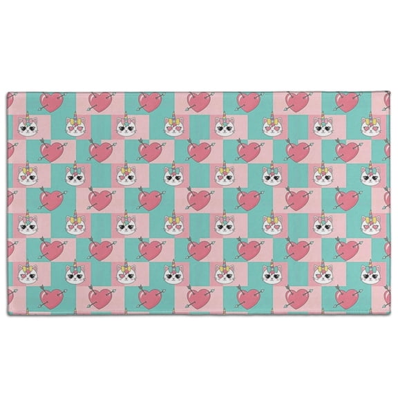 Checkered Cartoon Cat Unicorn Heart Door Rugs,Washable Non Slip Door Mats Indoor,Decorative Door Mats,Entry Mat Indoor for Entrance,Bedroom,Kitchen,Bathroom,17"x30"