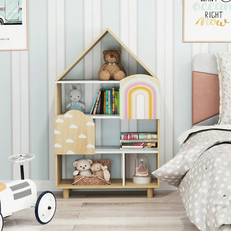 Gymax House-Shaped Kids Bookshelf 4-Tier Toy Storage Organizer w