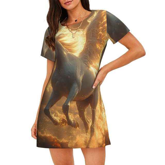 KLL Chemise de Nuit à Manches Courtes Imprimé Cheval Blanc Doré pour Femmes, Chemise de Nuit Confortable à Col Rond Mignonne à Volants