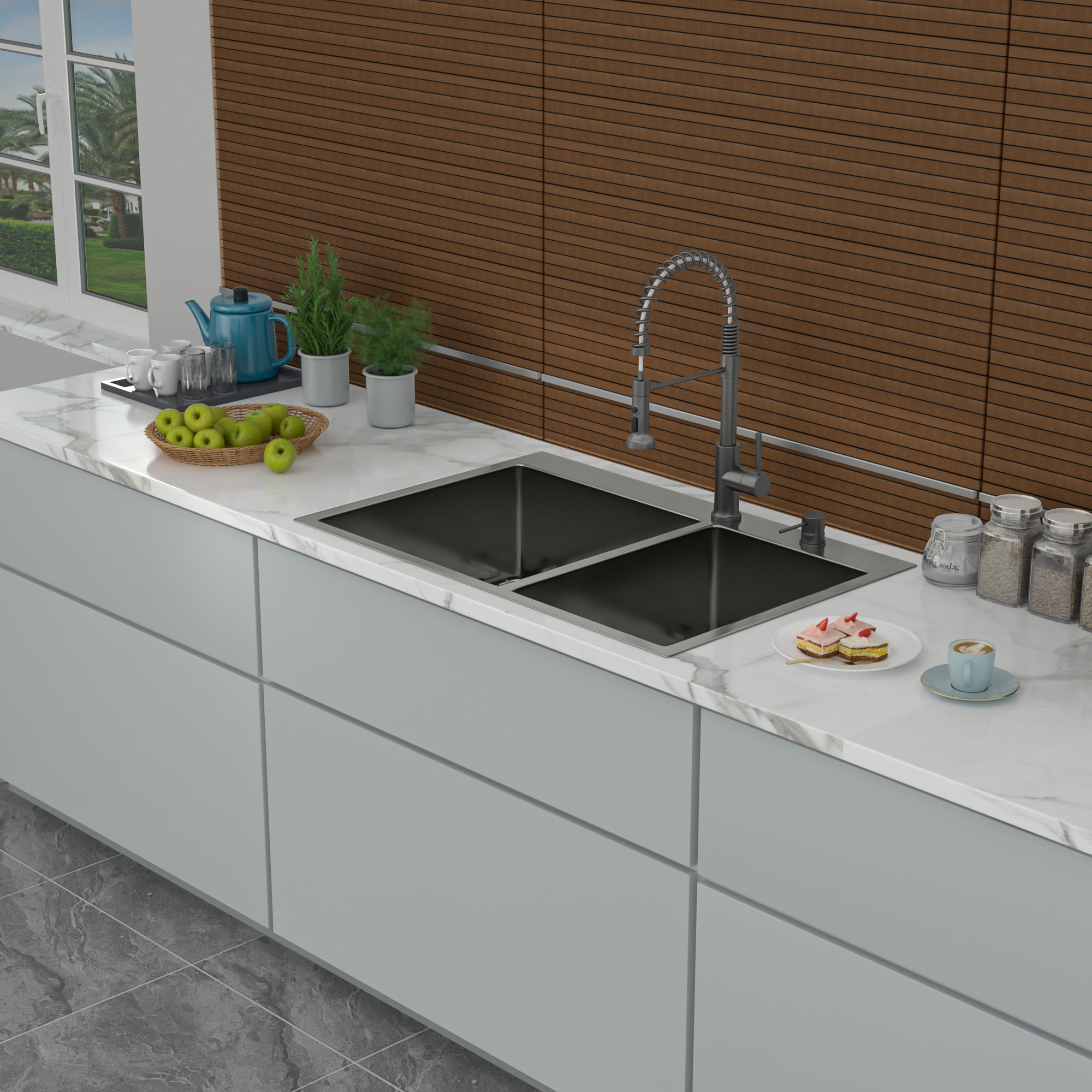 Izzovium 33"x22" Gunmetal Black Double Bowl Drop in Kitchen Sink, 16 Gauge Stainless Steel with 10" Deep Basin (60/40), Soundproof & Anti-Condensation