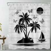 HVEST Tropical Palm Tree Shower Curtain for Bathroom,Vintage Butterfly and Moon on Rustic Grey Wood Texture Fabric Shower Curtain with Hooks,Farmhouse Bathroom Curtain Shower Set, 72x78 inches