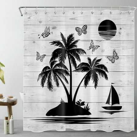 HVEST Tropical Palm Tree Shower Curtain for Bathroom,Vintage Butterfly and Moon on Rustic Grey Wood Texture Fabric Shower Curtain with Hooks,Farmhouse Bathroom Curtain Shower Set, 69x70 inches