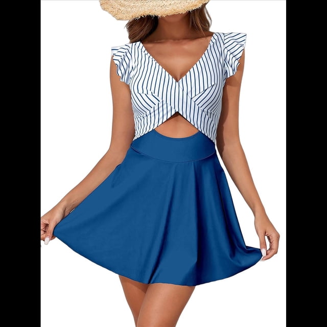 Traje de Baño para Mujer con Volantes y Corte Bajo, Control de Abdomen, Cuello en V, Cruzado Rayas Azules y Azul M