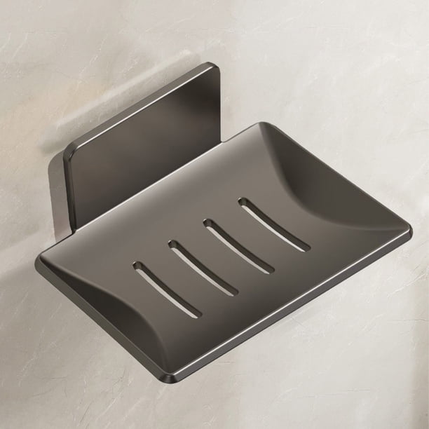 Jabonera de pared de acero inoxidable, perforada, con drenaje, adhesiva, inoxidable, 12 x 8,5 x 4,5 cm, color blanco/gris