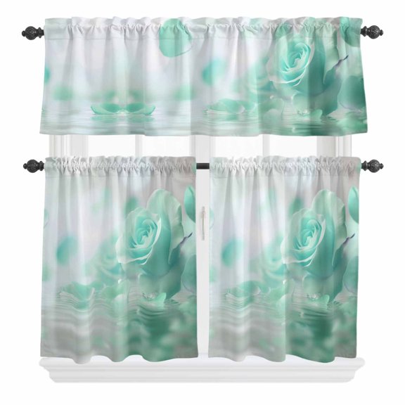 3 Pieces Kitchen Curtains and Valances Set Tier Curtains Turquoise Rose Short Curtain Rod Pocket Window Curtain Panels Dreamy Petals Water (Single Panel 54"x18",2 Tiers 24"x36")