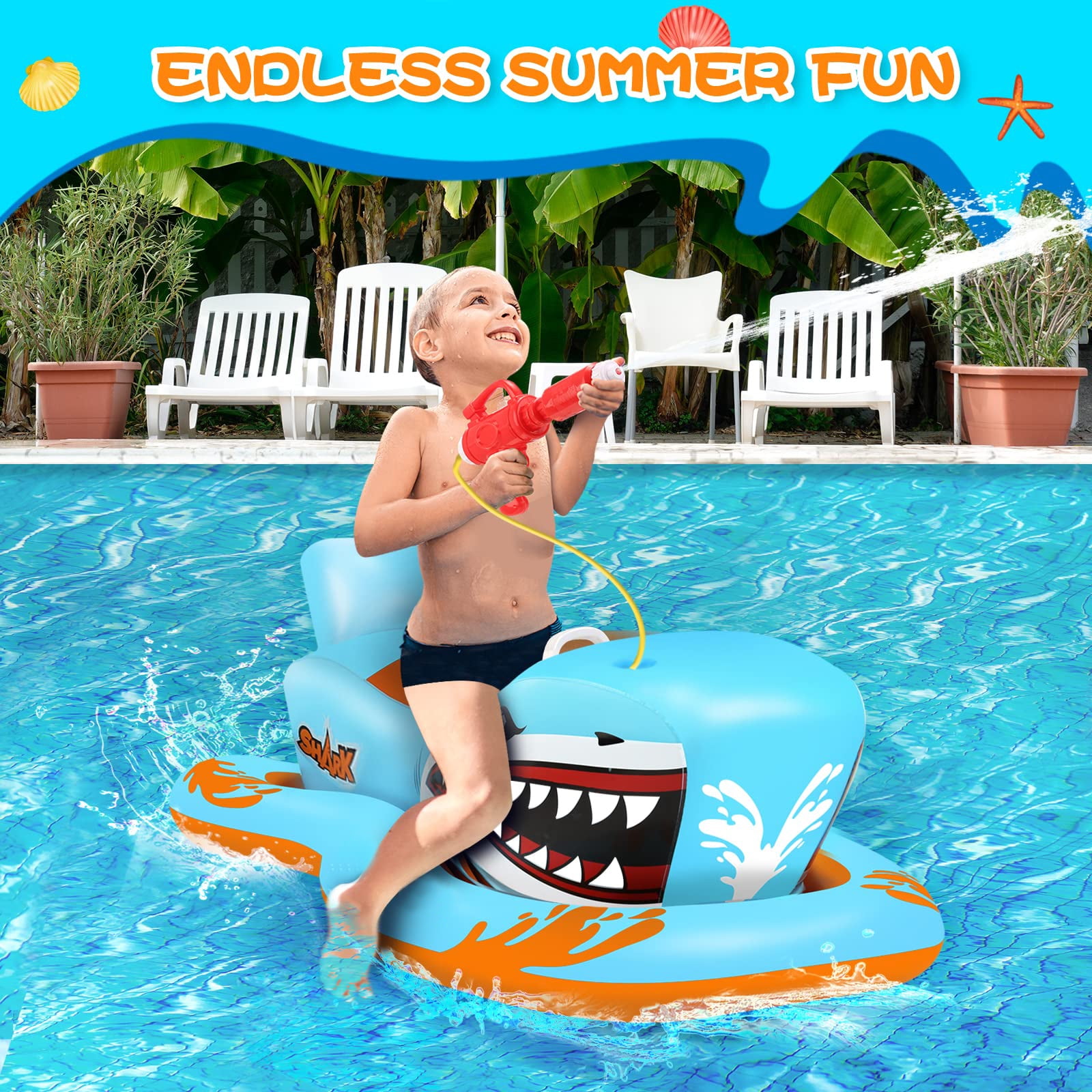 Pool Floats for Kids, Inflatables Shark Ride-on Water Toys with Watergun Swimming Game Boy Girl 3-12