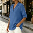 thumbnail image 6 of Women's Summer Shirts Casual Loose V-Neck Fixed Roll Cuff Short Sleeve Solid Color Blouses Lightweight cotton Linen Curved Hem Short Tops for Office Daily Wear, 6 of 7