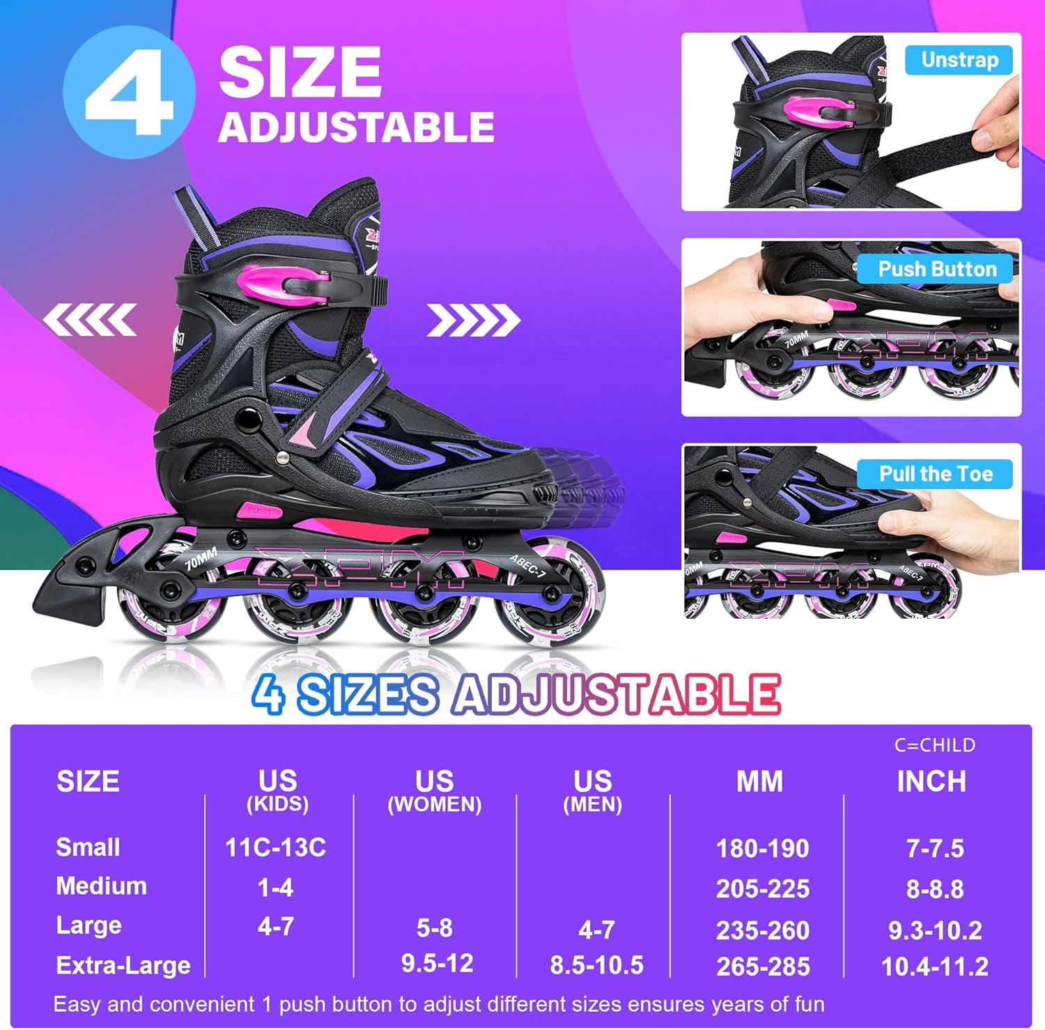Adjustable Flashing Inline Skates, All Wheels Light Up, Fun Illuminating Skates for Kids Men Adult Women and Boys