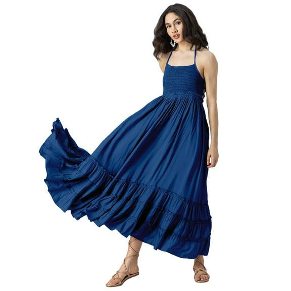 Moomaya Halter Neck Tiered Dress, Backless Style Maxi Beach Dress For Women
