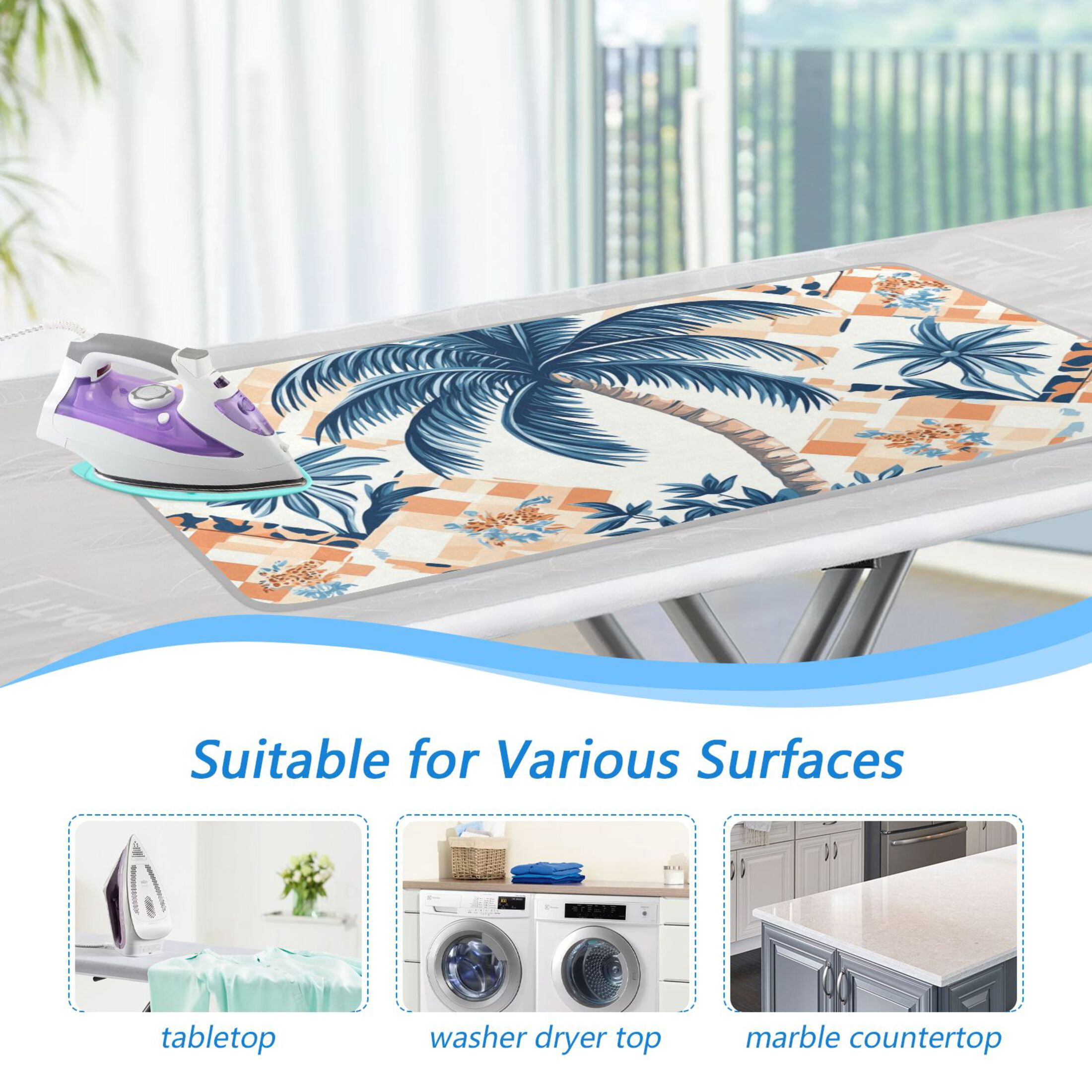 Checkerboard Background Palm Trees Flowers Ironing Mat Blanket Portable Travel Ironing Pad Heat Resistant Pad 47.2" x 27.6”