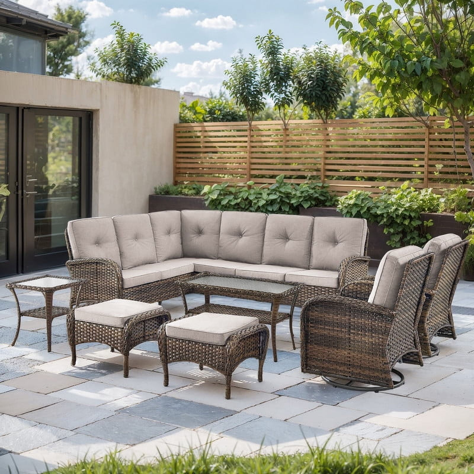 PARKWELL 8-Piece Outdoor Sectional Furniture Set,Patio Wicker L Shaped Couch High Back Conversation Set with Coffee Table Swivel Glider for Garden Yard,Brown Wicker Beige Cushion