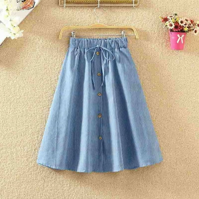 Mode Femmes Jupe Rétro Taille Haute Plissée Jupe Midi Denim Jupe à Poitrine Unique