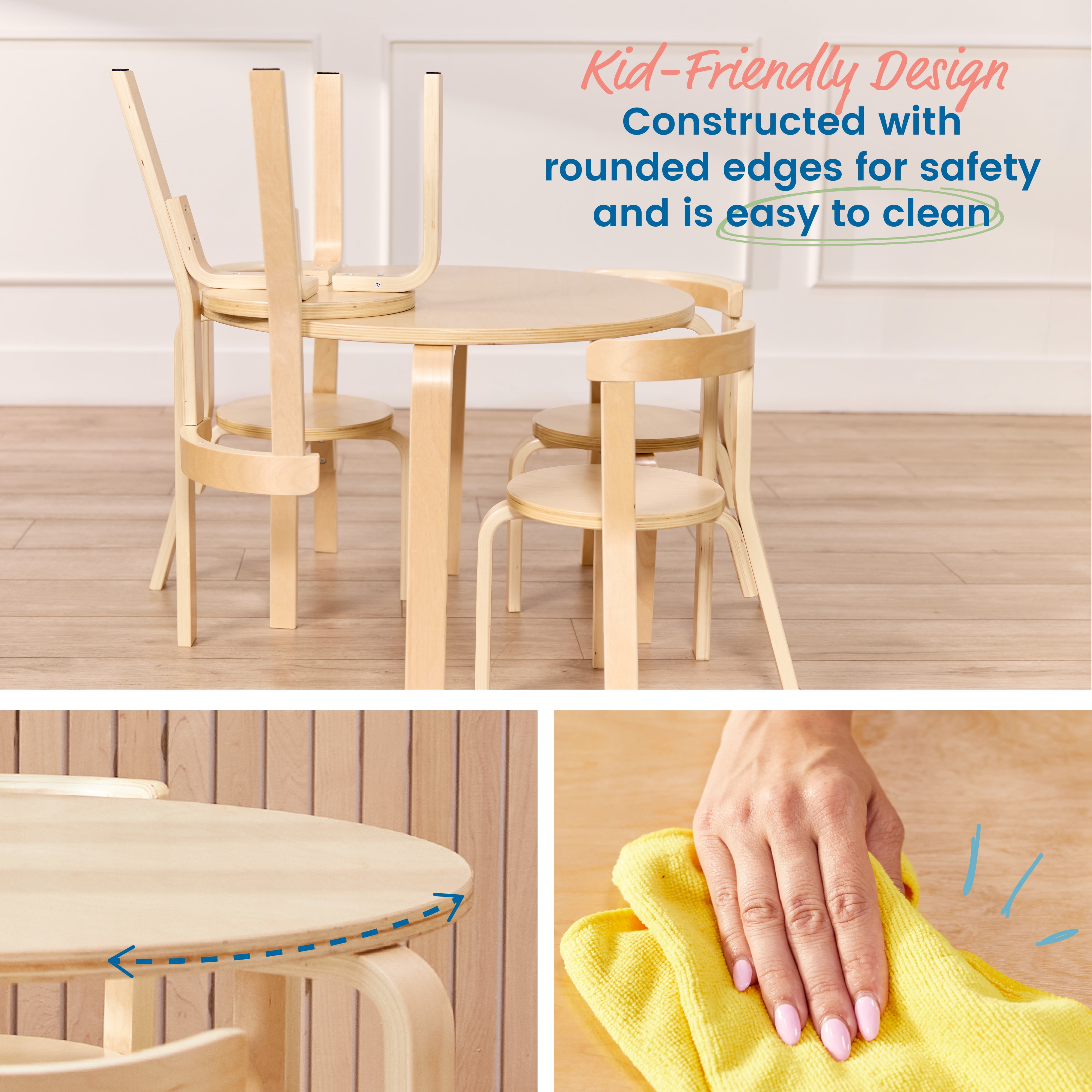 ECR4Kids Bentwood Table and Curved Back Chair Set, Kids Furniture, Natural, 5-Piece