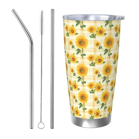 

Goofa Yellow White Plaid Sunflower for 20 oz Skinny Tumbler Stainless Steel Coffee Mug Slim Vacuum Insulated Travel Cup Car Cup-Straw Three-piece Set