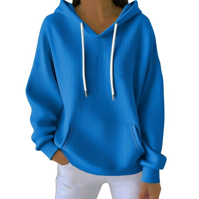 ManxiVoo Textured Ribbed Detail Hooded Sweatshirt for Women Relaxed Fit Long Sleeve Pullover Cozy Everyday Essential XXL Size Blue