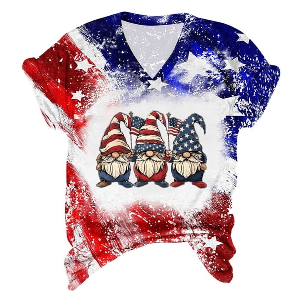 Camiseta de Manga Corta con Cuello en V Impresa para el Día Del Independiente, Camisetas con Cuello en V para las Mujeres