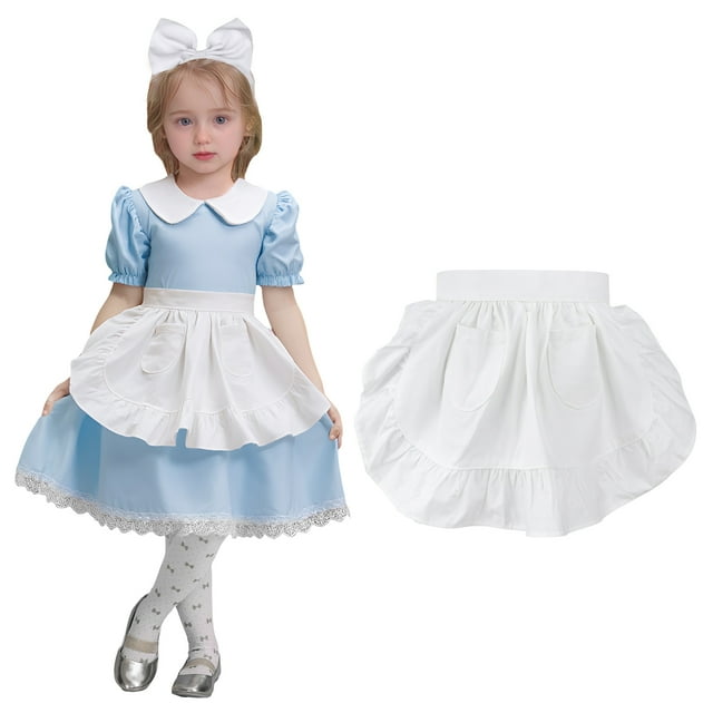 Aspire Waist Apron with Pockets, Kid's Kitchen White Half Apron, Ruffle Cotton Costume Maid Apron for Cooking
