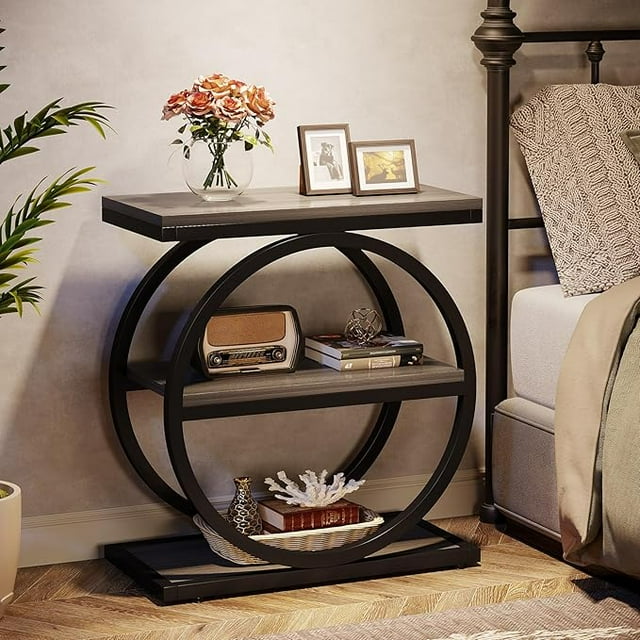 Table d'Appoint avec 3 Étagères de Rangement, Table d'Appoint en Bois avec Cadres en Métal Noir