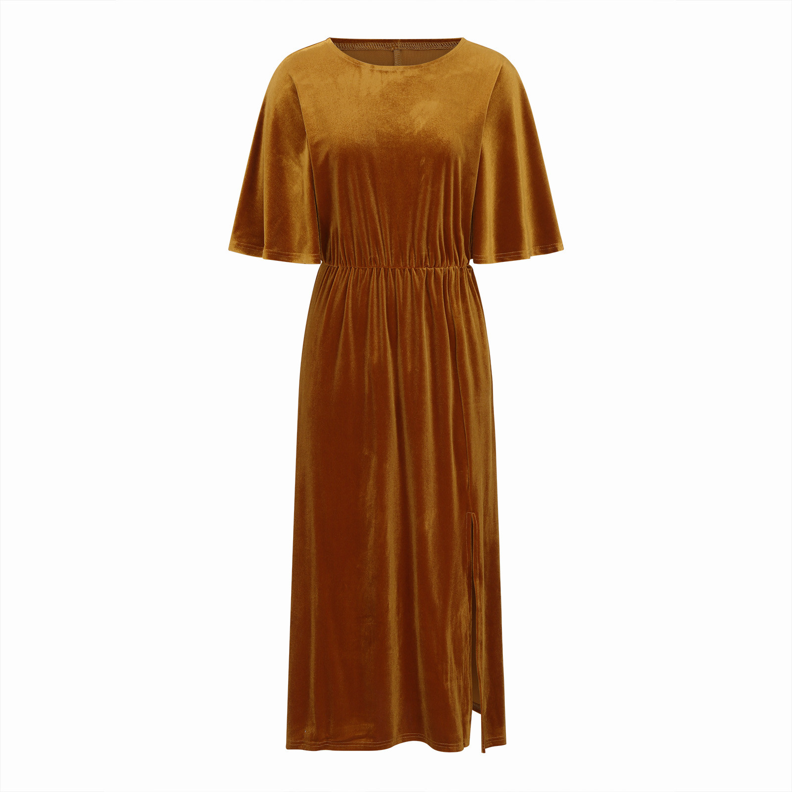 Women's Velvet Dresses Round Neck Bell Sleeve T-Shirt Dress High Split Elastic Waist Solid Dressy Dress Cocktail Party Wedding Midi Dress Gold,XL